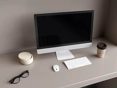 Desktop Computer Setup With Monitor Keyboard Mouse Coffee Cup And Eyeglasses On Light Colored Desk 3d model