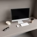 Desktop Computer Setup With Monitor Keyboard Mouse Coffee Cup And Eyeglasses On Light Colored Desk