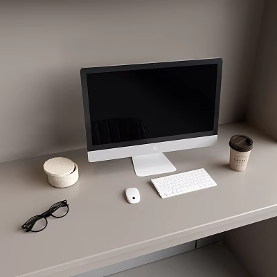 Desktop Computer Setup With Monitor Keyboard Mouse Coffee Cup And Eyeglasses On Light Colored Desk 3d model