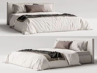 Modern Double Bed With White Linen Sheets Brown Pillows And Minimalist Headboard Design 3d model