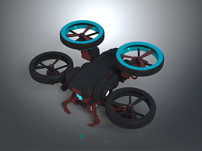 Futuristic Drone With Four Propellers Two Blue Rings And Black And Red Body Design 3d model