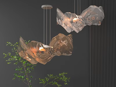 Modern Pendant Light with Irregular Transparent Shade Warm Glow Dark Wall Green Plant Accent 3d model