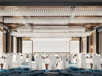 Elegant Banquet Hall Interior With Crystal Chandeliers White Chairs Tables And Large Backdrop Screen 3d model