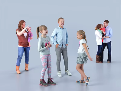 Happy Group of Children and Adults Standing Together Smiling in Casual Outfits 3d model