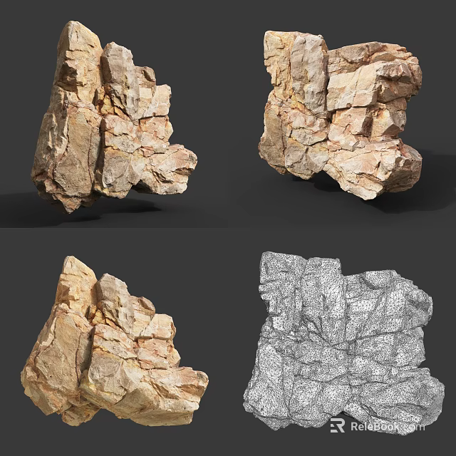 3D Rock Models Showcasing Multiple Angles With Textured Surfaces And Wireframe View 3d model 