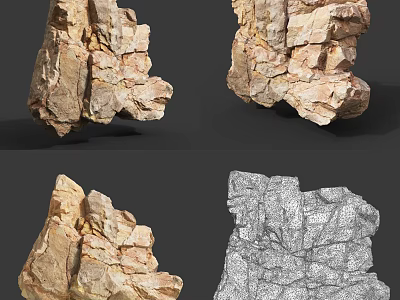 3D Rock Models Showcasing Multiple Angles With Textured Surfaces And Wireframe View 3d model