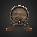 Industrial Equipment Wooden Barrel With Metal Hoops On Wooden Stand And Faucet