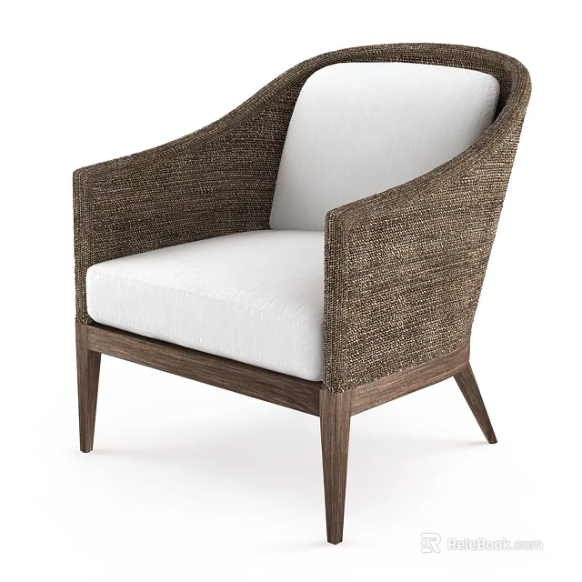 Modern Wicker Single Sofa with White Cushion Wooden Legs and Armrest 3d model 
