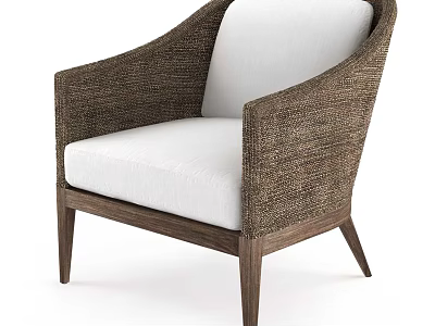 Modern Wicker Single Sofa with White Cushion Wooden Legs and Armrest 3d model