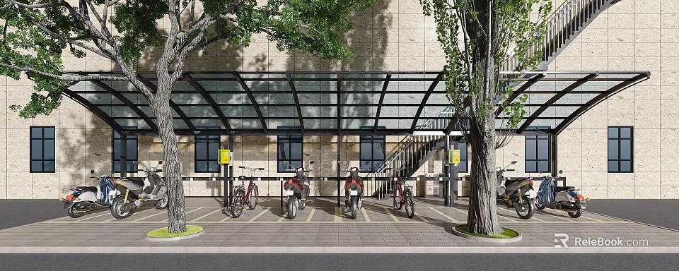 Outdoor Bicycle Motorcycle Parking Shelter With Brick Building And Trees 3d model 