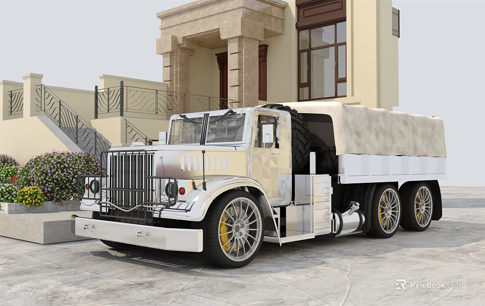 Classic White Vintage Truck With Chrome Grille And Large Wheels Parked By Classical Building 3d model 
