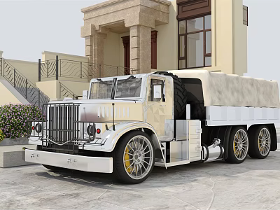 Classic White Vintage Truck With Chrome Grille And Large Wheels Parked By Classical Building 3d model