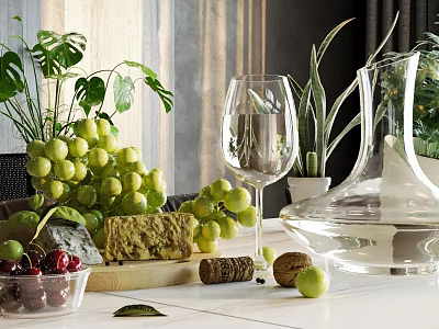 Fresh Green Grapes Cherries And Green Apple On White Table With Cheese And Wine Glass 3d model