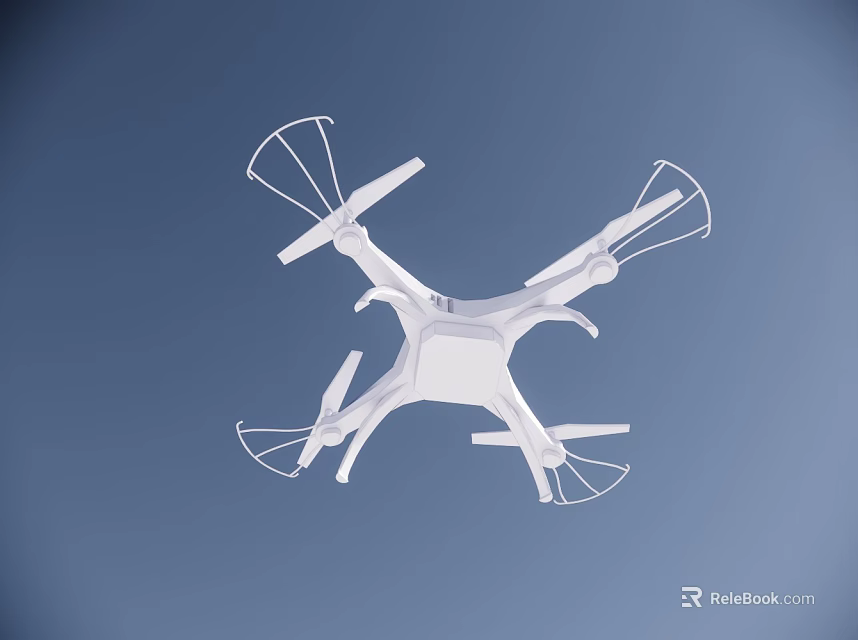 White Modern Drone With Propeller Guards Flying In Blue Sky Background 3d model 