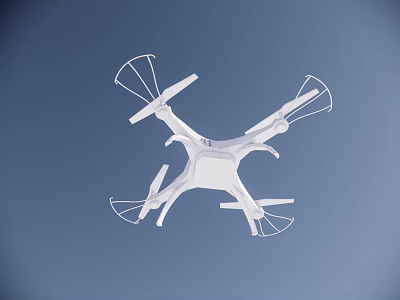 White Modern Drone With Propeller Guards Flying In Blue Sky Background 3d model