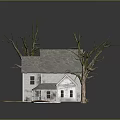 Vintage White Model House With Gray Roof Porch And Leafless Trees On Dry Ground