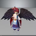Fantasy Character In Traditional Outfit With Red Hair Fan Black Bird Wings And Ornate Headpiece