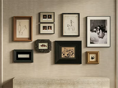 Stylish Framed Artworks Wall Arrangement With Various Styles Colorful Frames And Stone Console Table 3d model