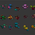 Colorful Cartoon Style Plants With Various Shapes And Vibrant Colors On Black Background