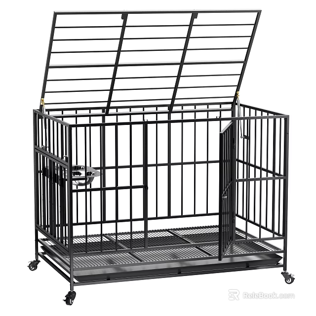 Black Metal Dog Cage With Openable Top Door And Rolling Wheels Design 3d model 