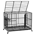 Black Metal Dog Cage With Openable Top Door And Rolling Wheels Design