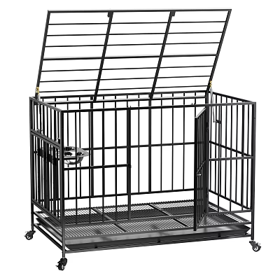 Black Metal Dog Cage With Openable Top Door And Rolling Wheels Design 3d model