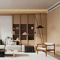 Modern Living Room Interior With Beige Sofa Black Coffee Table Wooden Bookshelf And Floor Lamp