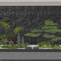 Landscape Feature Wall With Dark Stone Recessed Lighting Pine Tree Green Plants And Stone Decorations