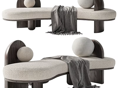 Modern Curved Footstool With Beige Upholstered Seat Wooden Frame Gray Blanket And Round Decorative Balls 3d model