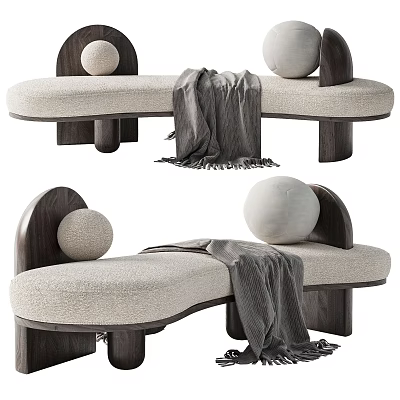 Modern Curved Footstool With Beige Upholstered Seat Wooden Frame Gray Blanket And Round Decorative Balls 3d model