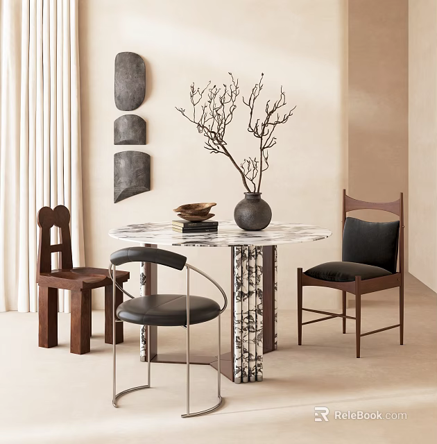 Modern Dining Table Set With Marble Top Various Style Chairs And Decorative Wall Art 3d model
