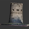 Stone Circular Tower Fortress With Windows Door Square Base And Greenery On Top