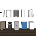 Various Trash Bins With Different Designs Colors And Materials On Shelves 3d model