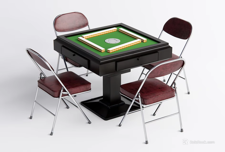 Mahjong Entertainment Table with Four Chairs Dark Red Seats Metal Legs Green Surface Black Frame 3d model 