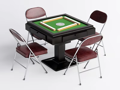 Mahjong Entertainment Table with Four Chairs Dark Red Seats Metal Legs Green Surface Black Frame 3d model
