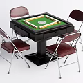 Mahjong Entertainment Table with Four Chairs Dark Red Seats Metal Legs Green Surface Black Frame