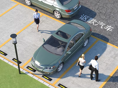 Green Acura Cars Parked In Parking Lot With Yellow Lines And People Walking 3d model