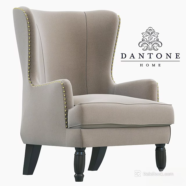 Light Gray Wingback Accent Chair with Brass Nailhead Trim Black Wooden Legs by Dantone Home 3d model 