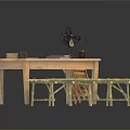 Rustic Home Living Set With Wooden Table Vintage Fan And Long Bench