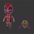 Cute Deadpool Action Figure In Red Black Costume With Crossed Swords