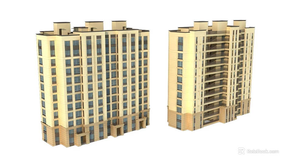 Modern High Rise Residential Buildings With Beige Exterior Numerous Windows And Balconies 3d model 