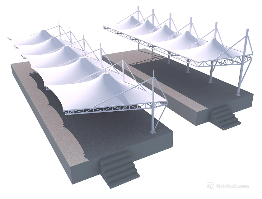 Public Facility With White Membrane Canopies And Support Structures Including Steps 3d model