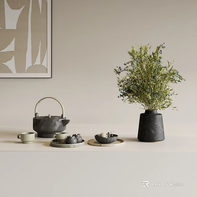 Minimalist Tea Set With Teapot Teacups Tea Plates And Natural Plant Decor 3d model 