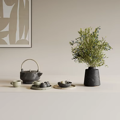 Minimalist Tea Set With Teapot Teacups Tea Plates And Natural Plant Decor 3d model