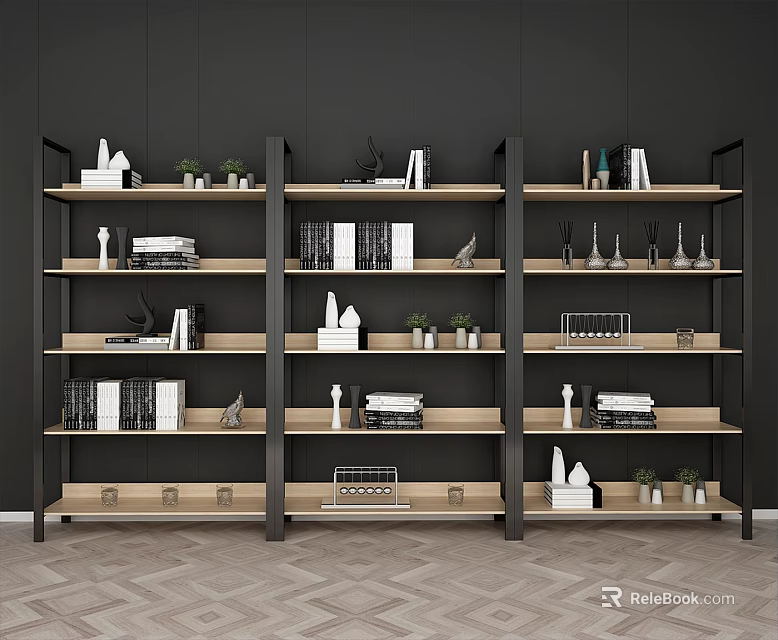 Modern Bookcase With Multiple Shelves Holding Books Decorative Items And Potted Plants 3d model 