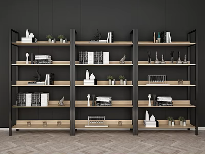 Modern Bookcase With Multiple Shelves Holding Books Decorative Items And Potted Plants 3d model
