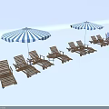 Outdoor Wooden Loungers With Blue And White Striped Umbrellas In Beach Setting