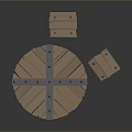 Round Wooden Table And Matching Stool With Cross Metal Straps And Solid Legs