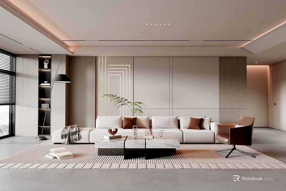 Modern Living Room Interior With White Sofa Coffee Table Area Rug And Floor Lamp 3d model 