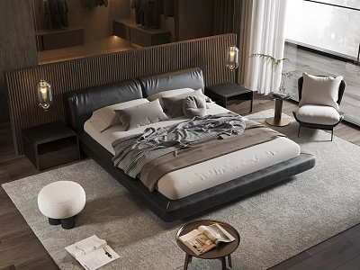 Modern Bedroom Double Bed with Black Leather Headboard Gray Bedding Nightstands Table Lamps and Rug 3d model